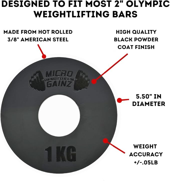 Micro Gainz Olympic Kilogram Fractional Weight Plate Set of 6 Steel Plates- (2-.25KG, 2-.50KG, 2-1KG) Plates -Designed for Olympic Barbells, Used for Strength Training and Micro Loading, Made in USA