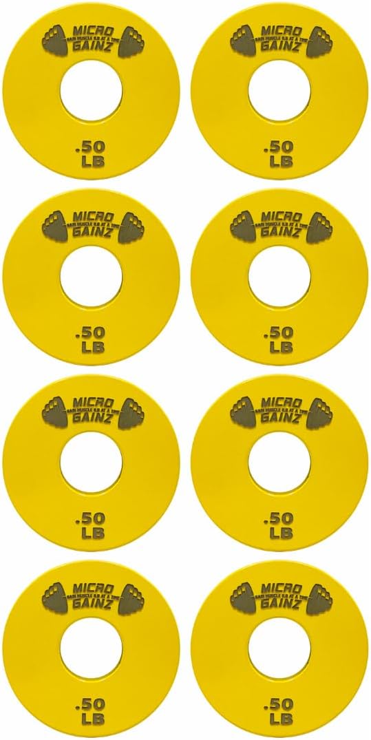 Micro Gainz Standard 1-Inch Center Hole Yellow .50LB Fractional Weight Plates 8 Piece Set- Designed for Standard 1-Inch Barbells and Dumbbells, Made in USA
