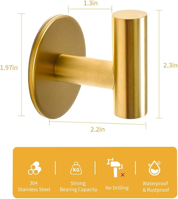 Adhesive Hooks Brushed Gold SUS304 Stainless Steel Towel 2 Pack