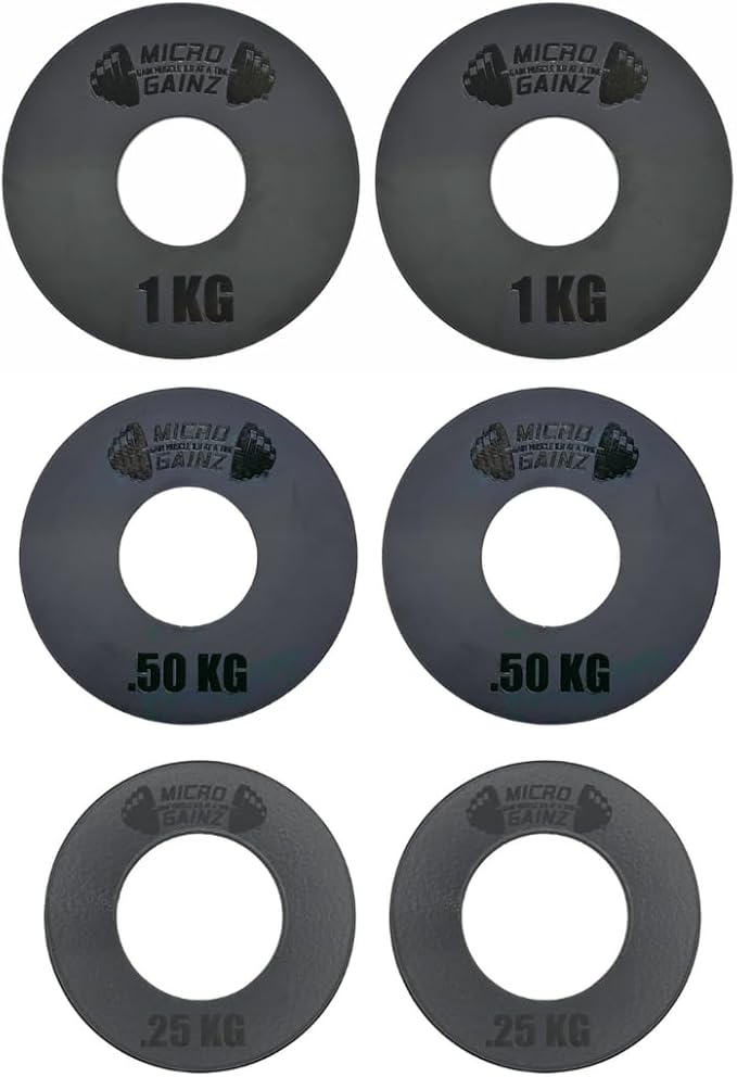 Micro Gainz Olympic Kilogram Fractional Weight Plate Set of 6 Steel Plates- (2-.25KG, 2-.50KG, 2-1KG) Plates -Designed for Olympic Barbells, Used for Strength Training and Micro Loading, Made in USA