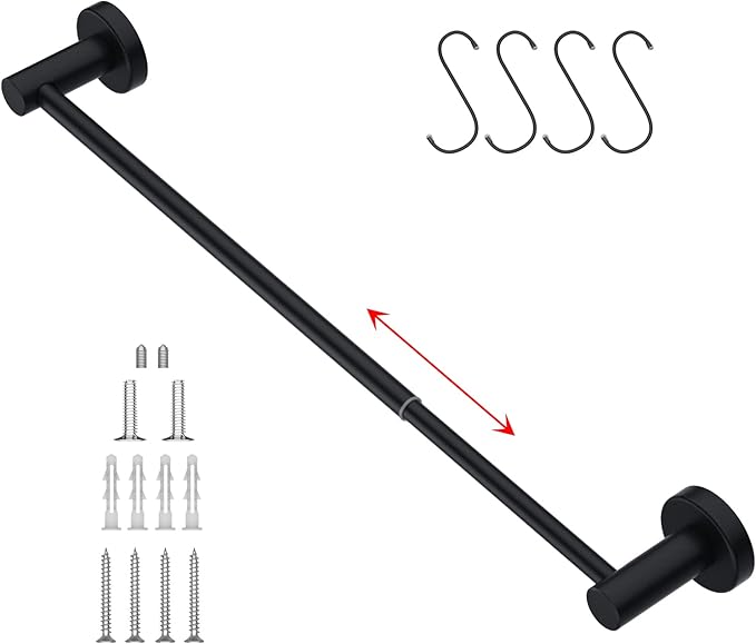 Adjustable Matte Black Bath Towel Bars 16 to 27.6 Inch, 304 Stainless