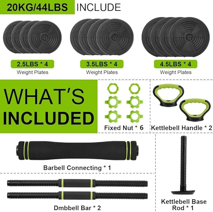 Adjustable Dumbbell and Kettlebell Set, 4 in 1, 44lbs/66lbs/88lbs Weight Used as Kettlebells, Barbell, Push up Stand for Home Gym, Green and Black, Round Head