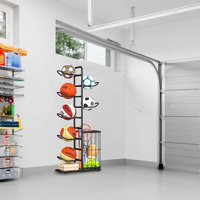 7-Ball Sports Equipment Storage Rack with Ball Holder 57.5" (Black)