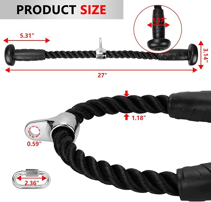 Hikeen Ergonomic Tricep Rope Cable Attachment with Anti-Slippery Rubber Grip,Tricep Pull Down Attachment -Reduces Wrist Pressure and Skin Rubs,Tricep Pull Down Rope for Gym & Home Gym with Carabiner