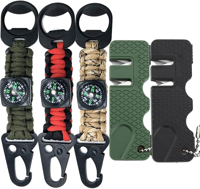3pcs 5-in-1 Kids Compass Keychain and 2pcs Knife Sharpener