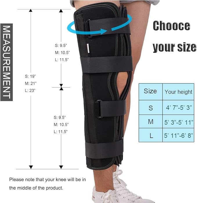 3-Panel Knee Immobilizer Full Leg Support Brace, Aluminum alloy Straight Knee Splint - for Knee Pre-and Postoperative & Injury or Surgery Recovery (Update Size L)
