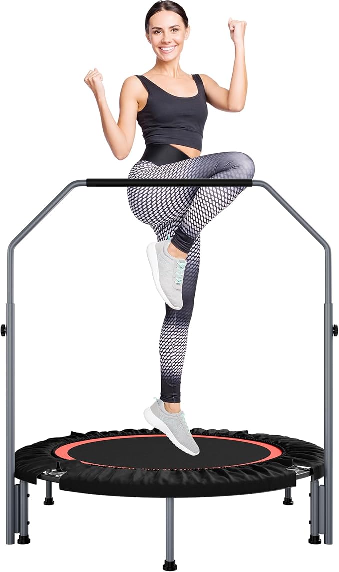 40"/48" Foldable Mini Fitness Rebounder with Adjustable Foam Handle, Max Load 330/440 lbs, Indoor Cardio Exercise Rebounder for Adults