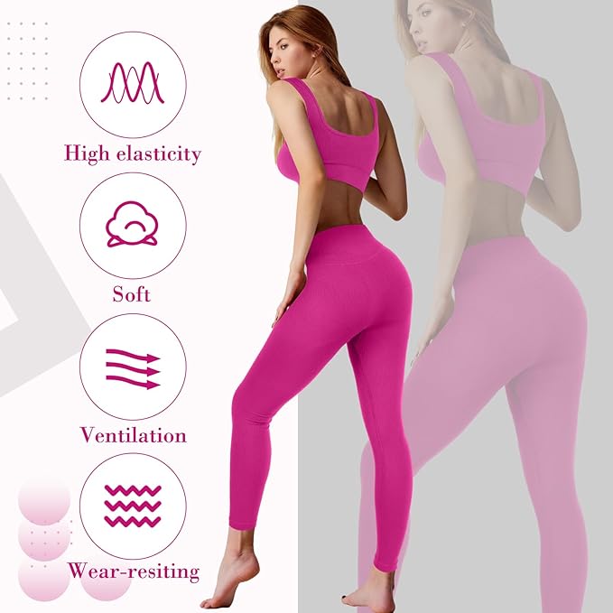 4 Pcs Women's Workout Sets Pilates Exercise Outfit Ribbed Scoop Neck Sports Bra Shorts Leggings Gym Clothes Set