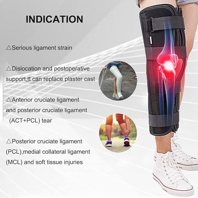 3-Panel Knee Immobilizer Full Leg Support Brace, Aluminum alloy Straight Knee Splint - for Knee Pre-and Postoperative & Injury or Surgery Recovery (Update Size S)