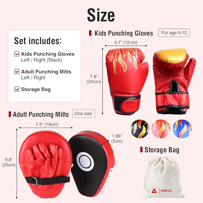 MERCIEL Boxing Gloves and Mitts Set Lightweight Kids Boxing Gloves & Adult Punching Mitts, Includes Storage Bag, One Size Fits Most