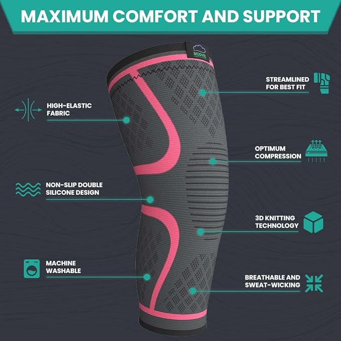 Modvel 2 Pack Knee Brace for Women & Men - Workout Knees Compression Sleeve for Knee Pain Relief Joint Support for ACL, Arthritis, Meniscus Tear Knees Brace for Sports, Rodilleras para Gym Fitness