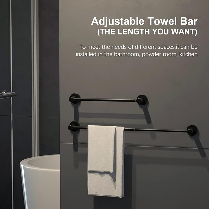 Adjustable Matte Black Bath Towel Bars 16 to 27.6 Inch, 304 Stainless