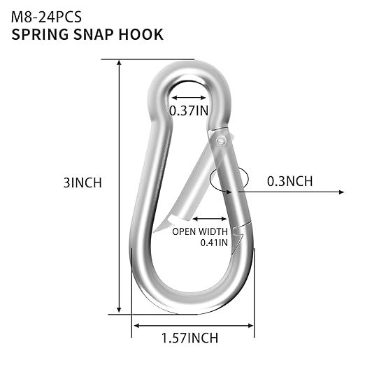 24PCS M8 Spring Snap Hook Carabiner, Heavy Duty Galvanized Steel 3Inch Carabiner Clip, 550LBS Holding Capacity Spring Clips for Hammock Swing Outdoor Travel