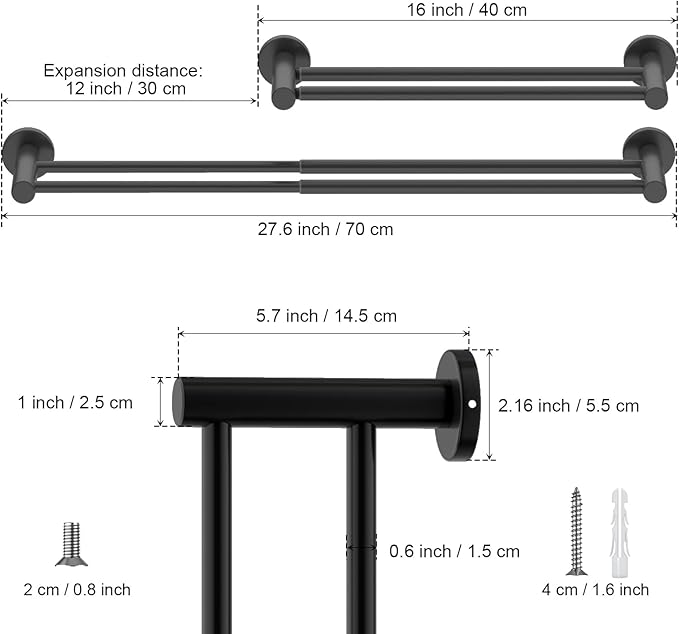 Adjustable Double Bath Towel Bar 16 to 27.6 Inch 1" Tube