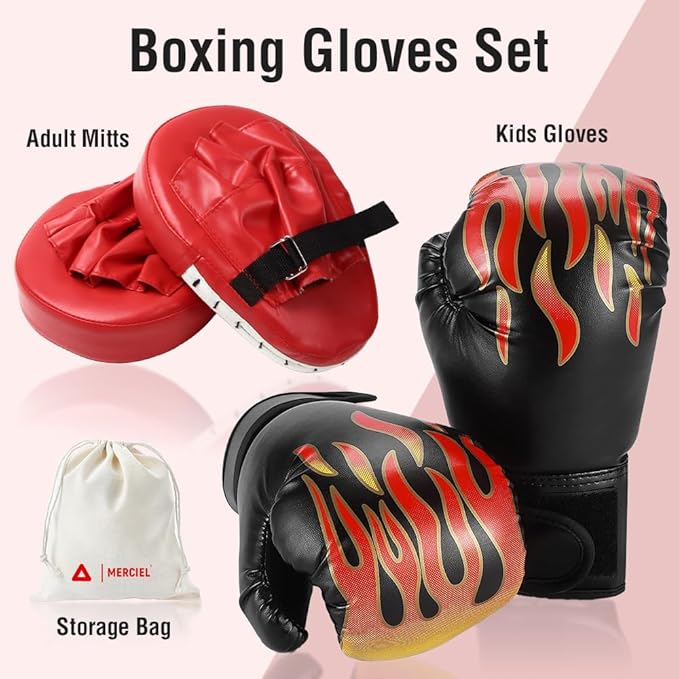 MERCIEL Boxing Gloves and Mitts Set Lightweight Kids Boxing Gloves & Adult Punching Mitts, Includes Storage Bag, One Size Fits Most
