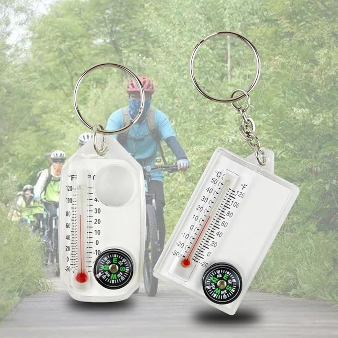 1Pc White Small Compasses Thermometer Keychain,Mini Pocket Sized