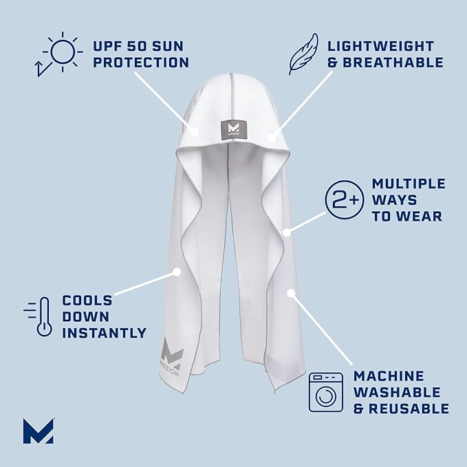 MISSION Cooling Hoodie Towel- Hood Towel, Evaporative Cool Technology, Cools Instantly When Wet, UPF 50 Sun Protection, Contours Your Head to Stay in Place, Great for Sports, Fitness, Gym