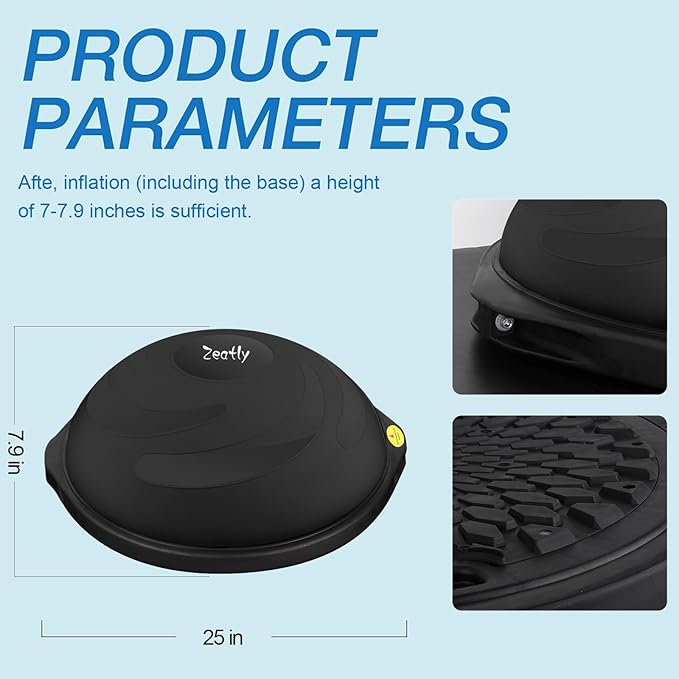 25in Half Balance Ball, 1500lb Inflatable Wobble Board Trainer, Non-slip Base Yoga Ball for Strength Training, Includes 2 Bands and Pump, Enhance Your Balance Training and Yoga Practice