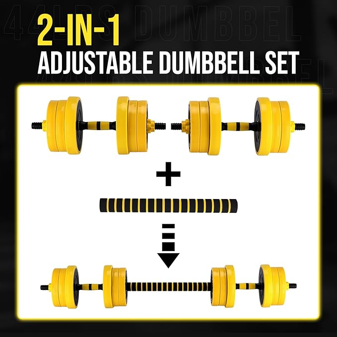 2-In-1 Adjustable Dumbbell Set, Dumbbell and Barbell Set, Yellow