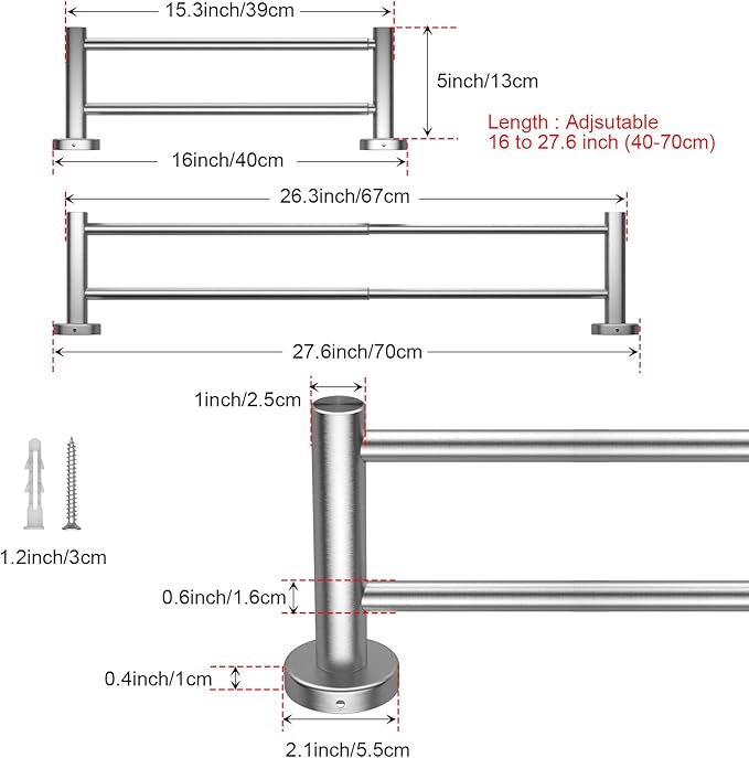 Adjustable 16 to 27.6 Inch Double Towel Bar SUS304 Stainless (1" Diameter)