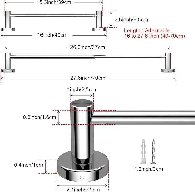 Adjustable Polished Chrome Towel Bar 16 to 27.6 Inch 304 Stainless