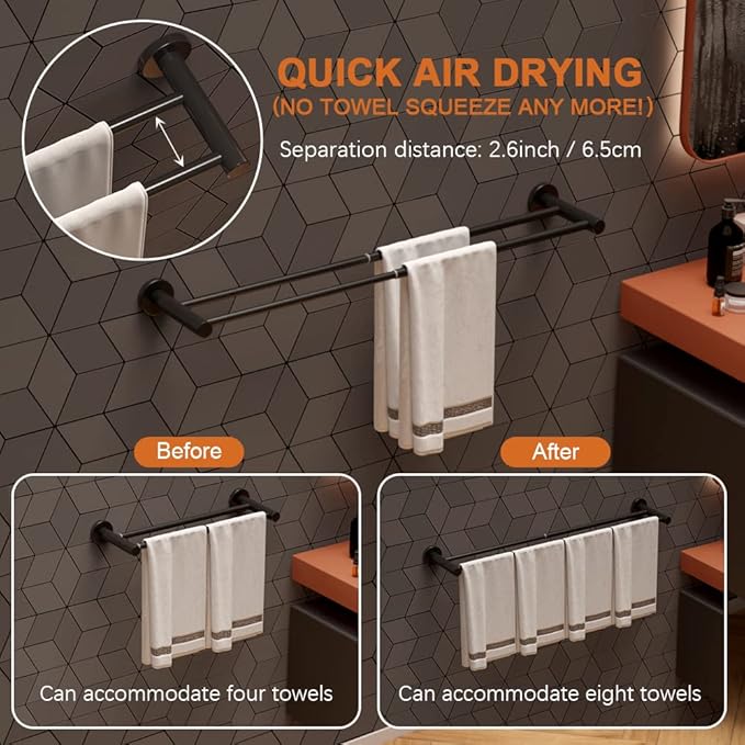 Adjustable Double Bath Towel Bar 16 to 27.6 Inch 1" Tube