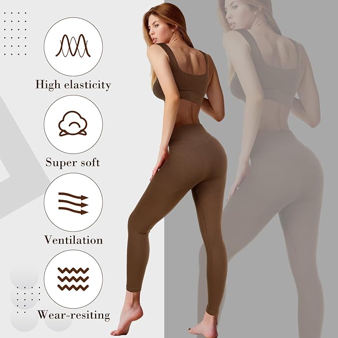 4 Pcs Women's Workout Sets Pilates Exercise Outfit Ribbed Scoop Neck Sports Bra Shorts Leggings Gym Clothes Set