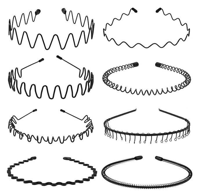 Metal Headband for Men, Unisex Black Wavy Spring Hair Band, Zig Zag Hair Dand, Fashion Elastic Hair Accessories, Multipack Options Available(8pcs)