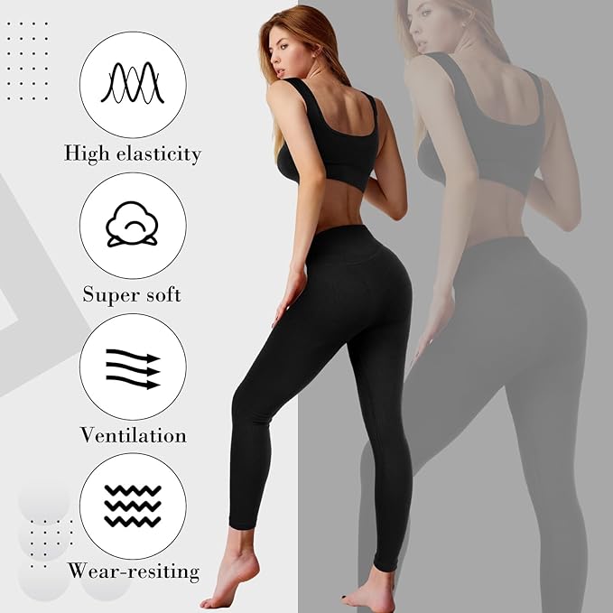 4 Pcs Women's Workout Sets Pilates Exercise Outfit Ribbed Scoop Neck Sports Bra Shorts Leggings Gym Clothes Set