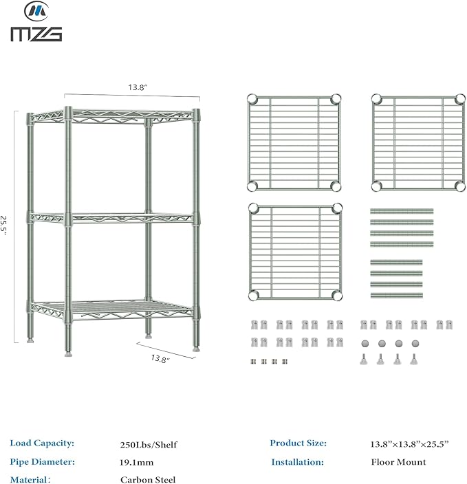 750 lbs 3 Tier Shelf Metal Storage Shelves Shelving Wire Rack Heavy Duty Closet Organizers for Garage Kitchen Bathroom Laundry Light Green 13.8" D x 13.8" W x 25.5" H