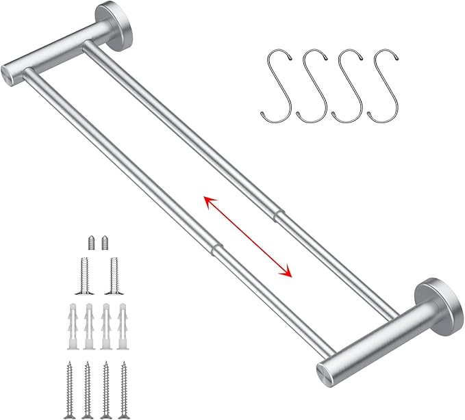 Adjustable 16 to 27.6 Inch Double Towel Bar SUS304 Stainless (1" Diameter)
