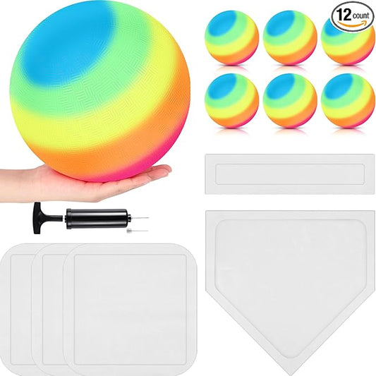 Hiboom 12 Pcs Dodgeball Set with Bases Playground 6 Bouncing 5 Rubber 1 Ball