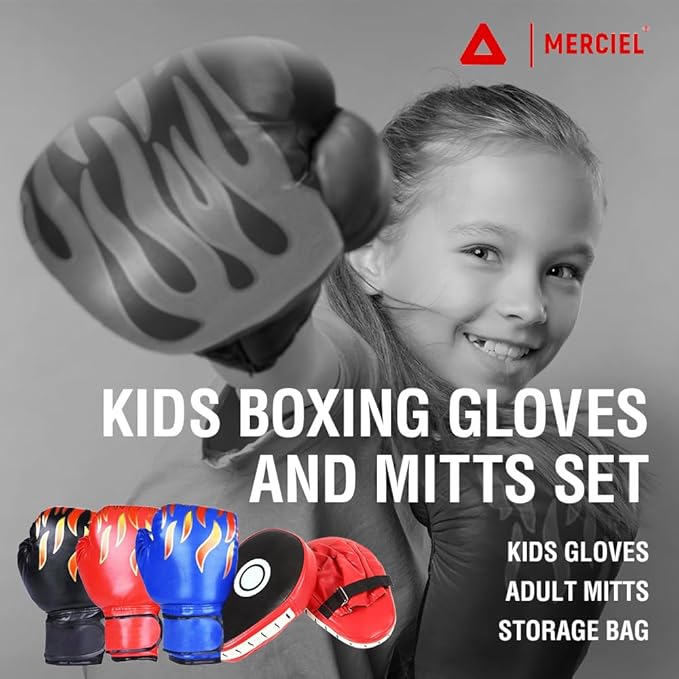 MERCIEL Boxing Gloves and Mitts Set Lightweight Kids Boxing Gloves & Adult Punching Mitts, Includes Storage Bag, One Size Fits Most