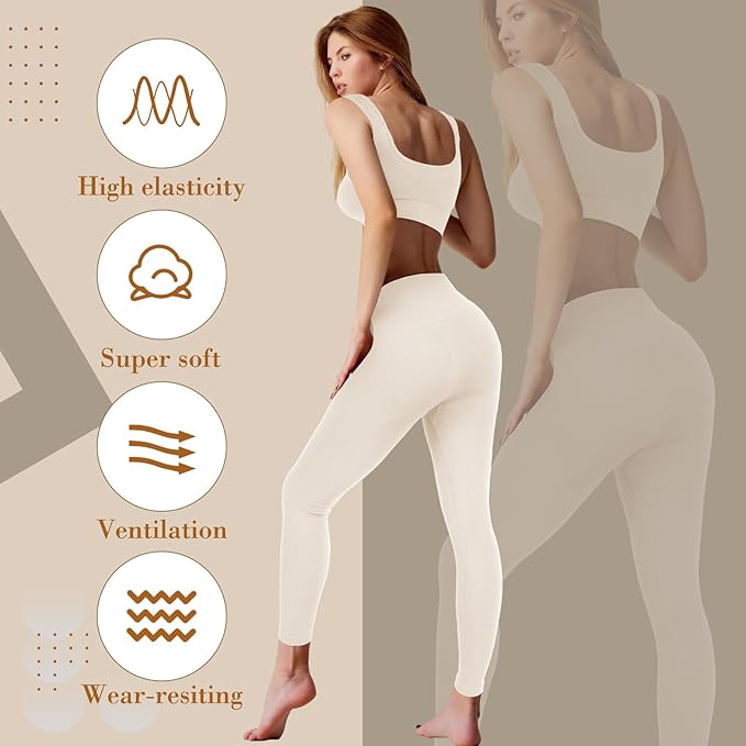 4 Pcs Women's Workout Sets Pilates Exercise Outfit Ribbed Scoop Neck Sports Bra Shorts Leggings Gym Clothes Set