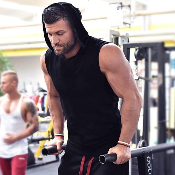 Men's Workout Bodybuilding Hoodies Tshirt Athletic Training Tank Tops Cotton Gym Hooded Top Cut Off Sleeveless Muscle T-Shirt