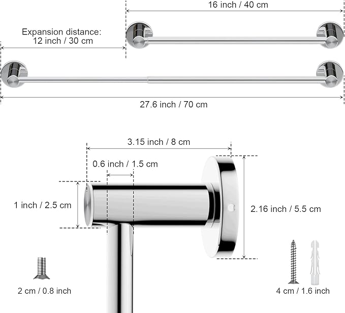 Adjustable Single Bath Towel Bar 16 to 27.6 Inch Kitchen,1" Tube