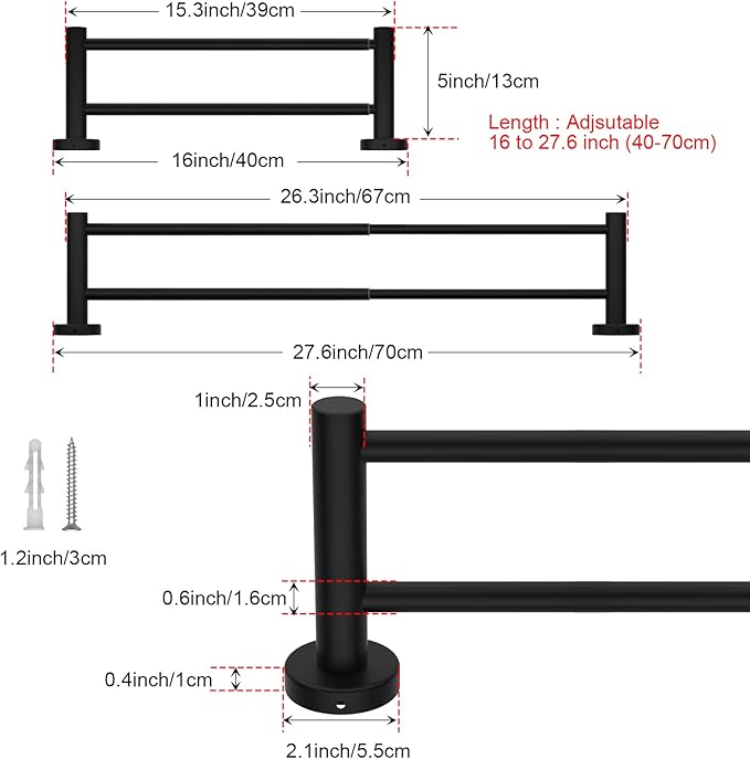 Adjustable 16 to 27.6 Inch Double Towel Bar SUS304 Stainless 1" Diameter