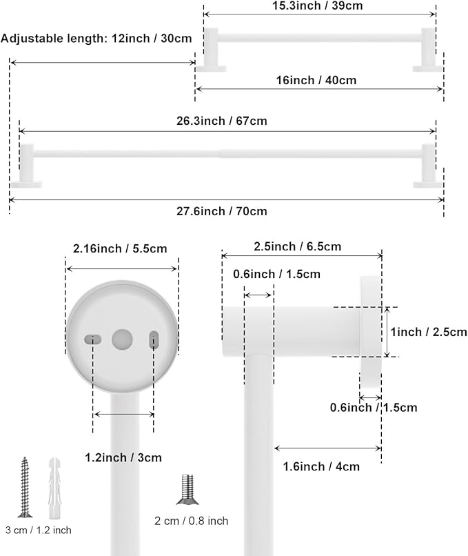 Adjustable Single Towel Bar 16 to 27.6 Inch 1" Diameter