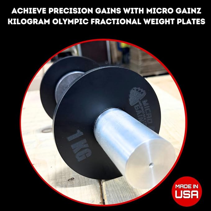 Micro Gainz Olympic Kilogram Fractional Weight Plate Set of 6 Steel Plates- (2-.25KG, 2-.50KG, 2-1KG) Plates -Designed for Olympic Barbells, Used for Strength Training and Micro Loading, Made in USA