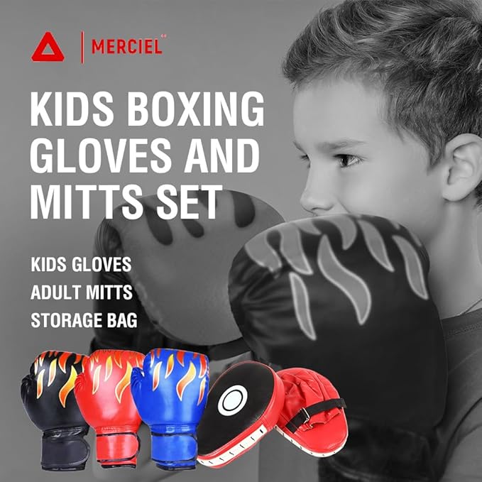 MERCIEL Boxing Gloves and Mitts Set Lightweight Kids Boxing Gloves & Adult Punching Mitts, Includes Storage Bag, One Size Fits Most