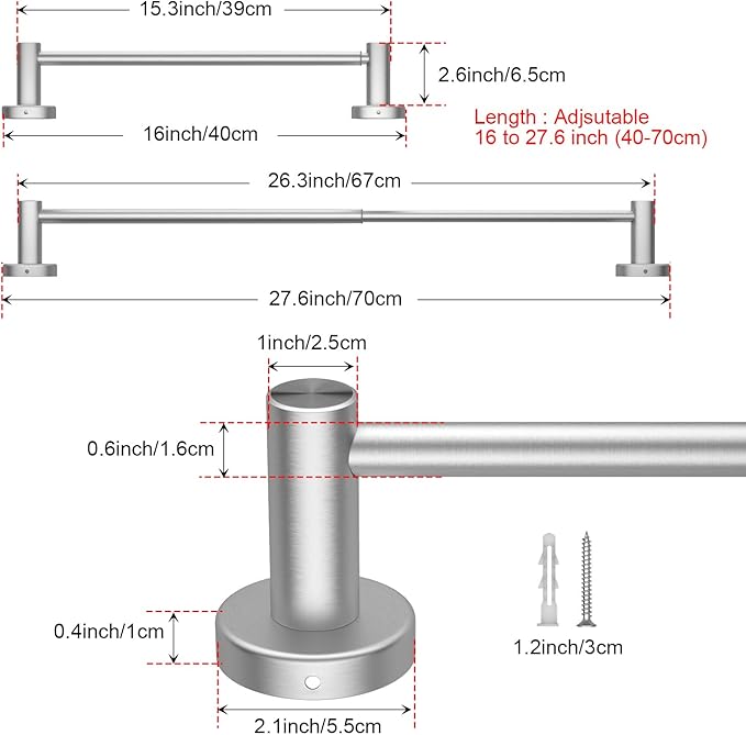 Adjustable 16 to 27.6 Inch Single Towel Bar SUS304 Stainless 1" Diameter