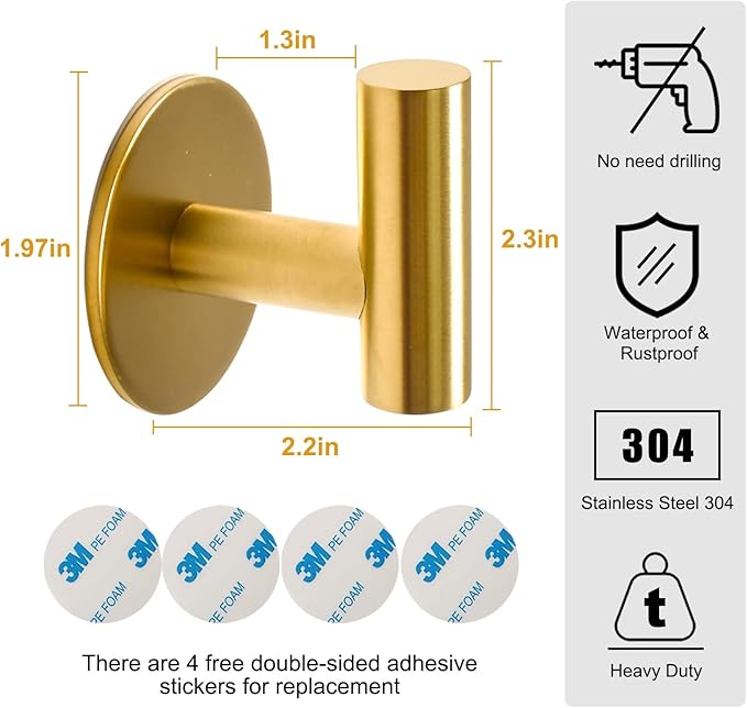 Adhesive Hooks Brushed Gold SUS304 Stainless Steel Towel 4 Pack
