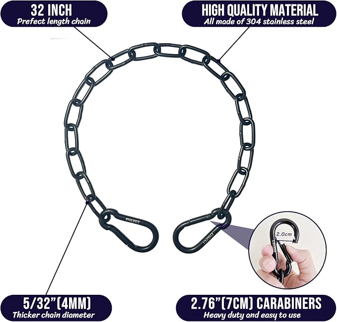 304 Stainless Steel Gate Chain 550lbs Capacity - 32" x 5/32" with M7 Carabiners, Chain Link Gate Latch for Outdoor Fence Livestock,Safety Hanging Metal Chain with 2 Carabiners, Black