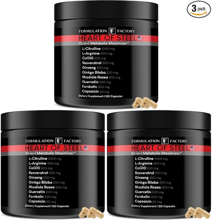 Heart of Steel: 10-in-1 Metabolic Maximizer Nitric Oxide Supplement, Blood Pressure Support, L Arginine, L Citrulline Natural Pre-Workout: Energy Management 120 Count (Pack of 3)