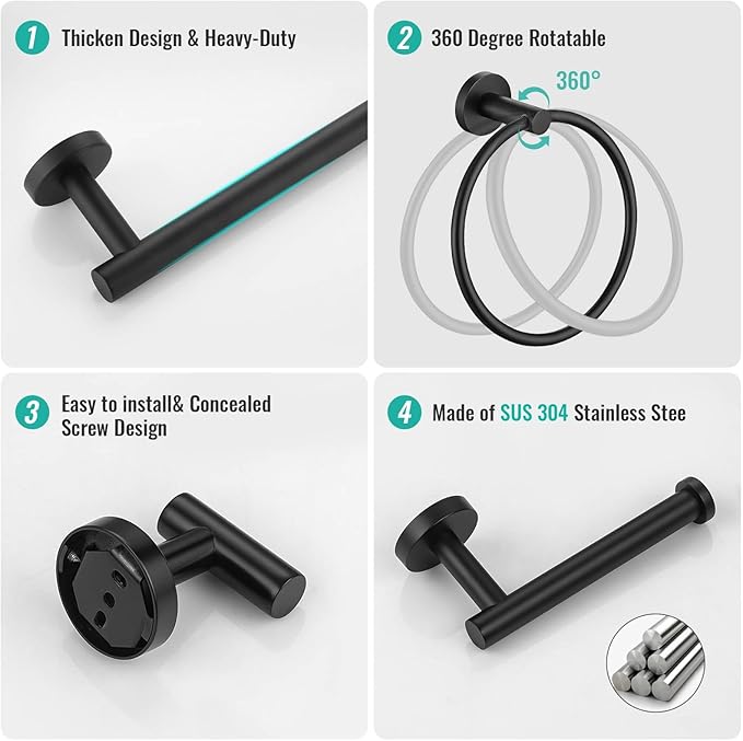 6-Piece Matte Black Towel Bar Set Bathroom Hardware SUS304 Stainless