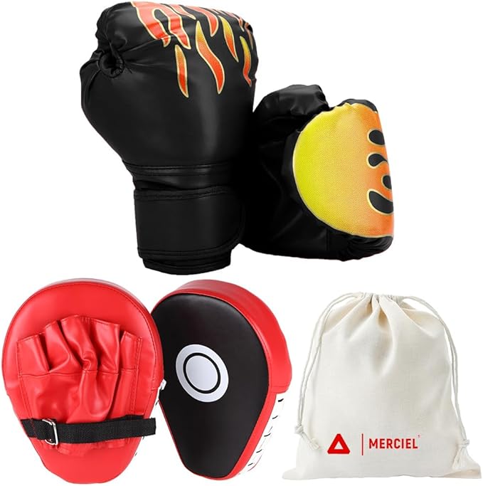 MERCIEL Boxing Gloves and Mitts Set Lightweight Kids Boxing Gloves & Adult Punching Mitts, Includes Storage Bag, One Size Fits Most