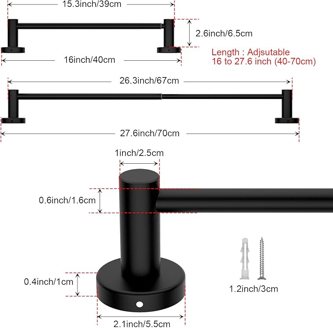 Adjustable Matte Black Bath Towel Bars 16 to 27.6 Inch, 304 Stainless