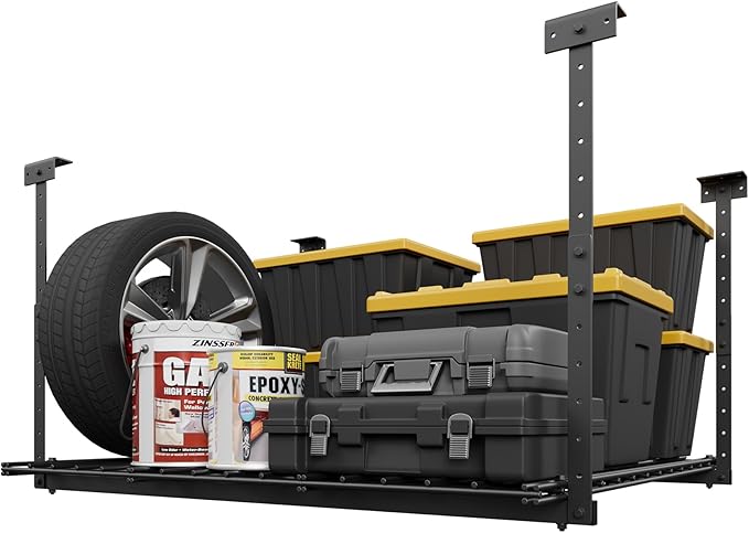 45-Inch x 45-Inch Overhead Garage Storage Rack, 17"-28" Height Adjustable Garage Ceiling Storage Racks, Heavy Duty Storage Organizer System, 250LBS Weight Capacity, Black