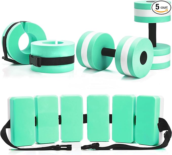 5 Pcs Aquatic Exercise Set Including 2 Ankle Swimming Weights 2 Lightweight Aquatic Exercise Dumbbells and Swim Belt Pool Exercise Equipment for Aquatic Aerobics Exercise