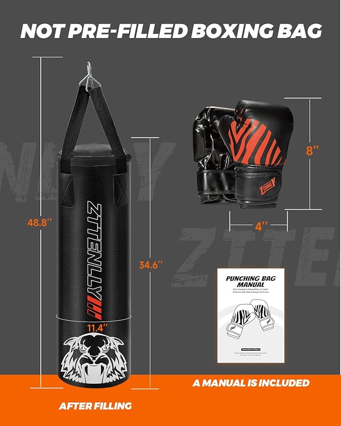 Kids Punching Bag with Gloves - PU Leather & Adjustable Height Strap - Boxing Bag Set for 3-8-14 Years Kids/Youth Great for Boxing, MMA, Kickboxing